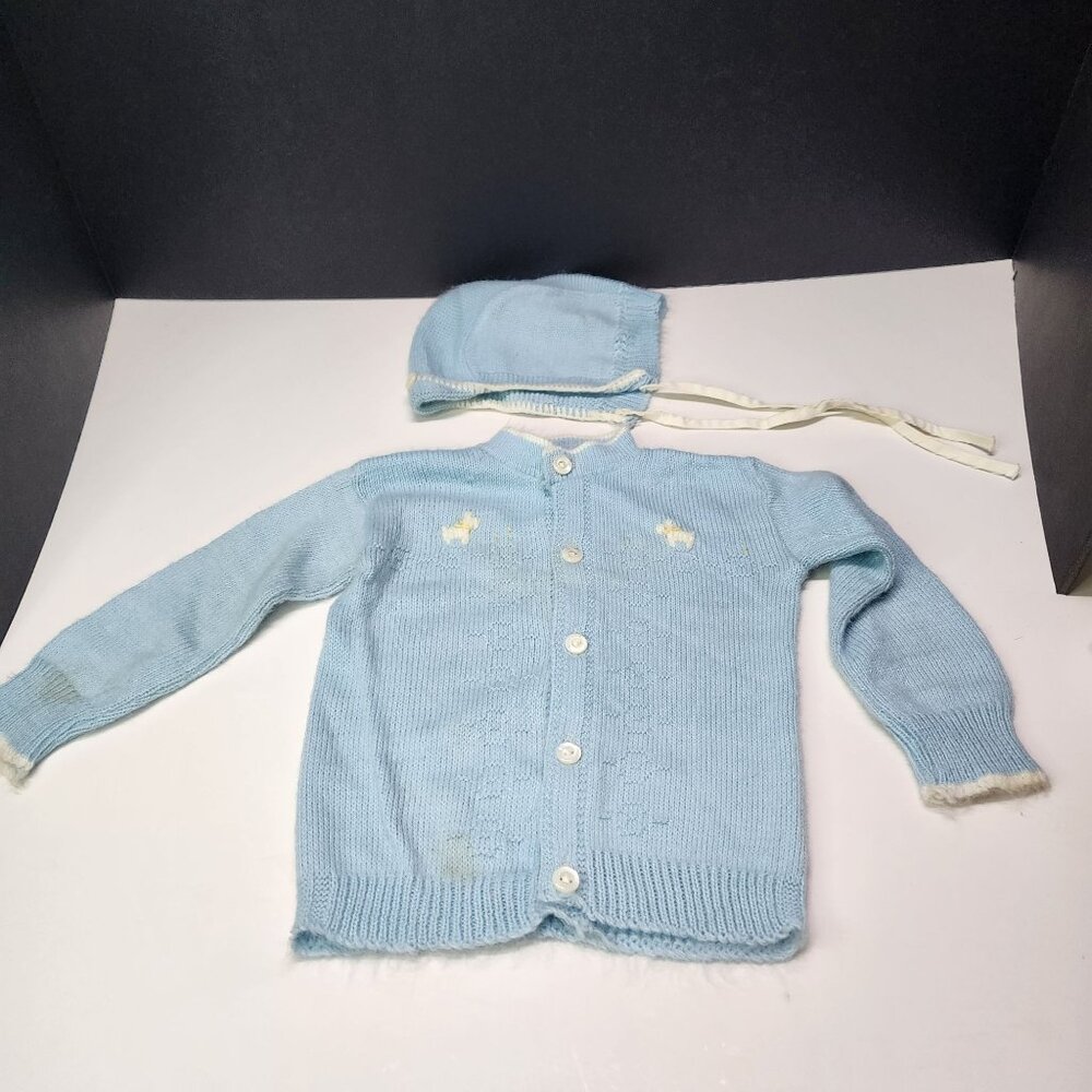 Vintage Blue Bird Baby Infant Knitted Button Cardigan Boys Girls with Cap